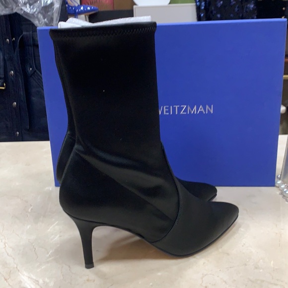 Stuart Weitzman Shoes - STUART WEITZMAN SATIN STRETCHY BOOTS IN EBONY MADE IN SPAIN
